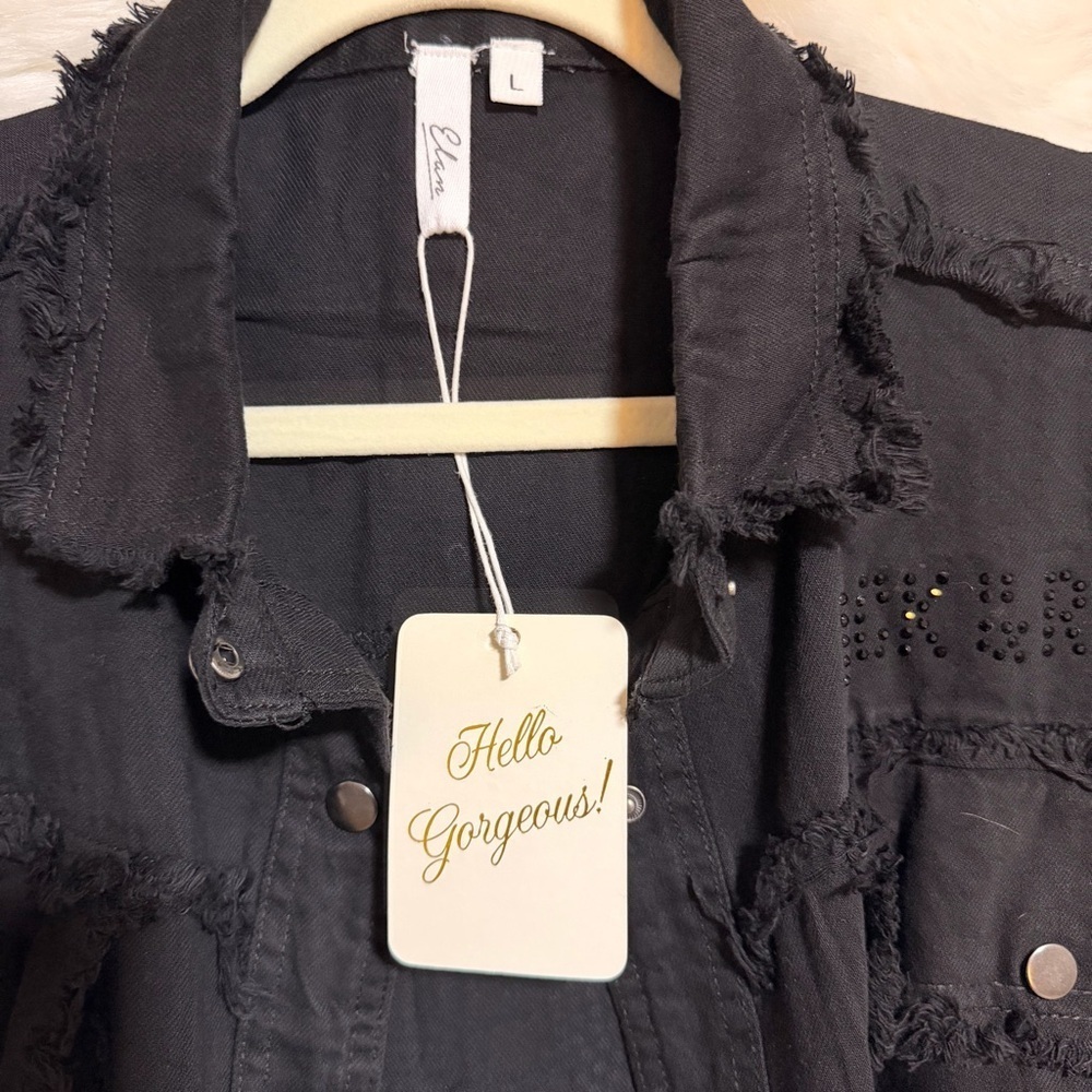 Elan Black Rhinestone Frayed Button-Up Jacket - Picture 2 of 9